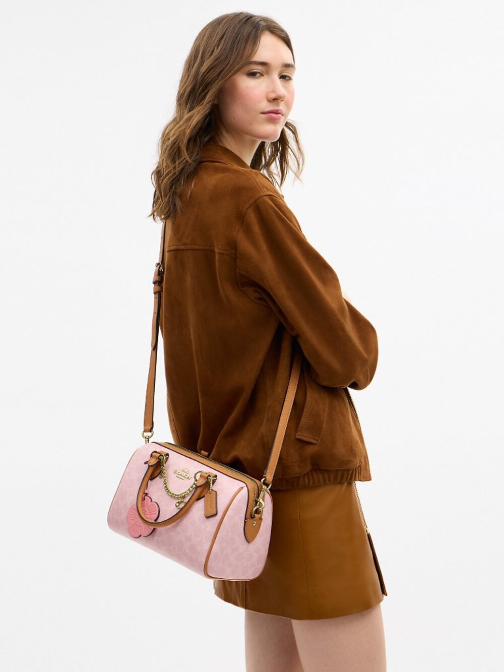 Coach Powder Pink Rowan Satchel Bag Medium In Signature Canvas With Charms NWT - Picture 4 of 4